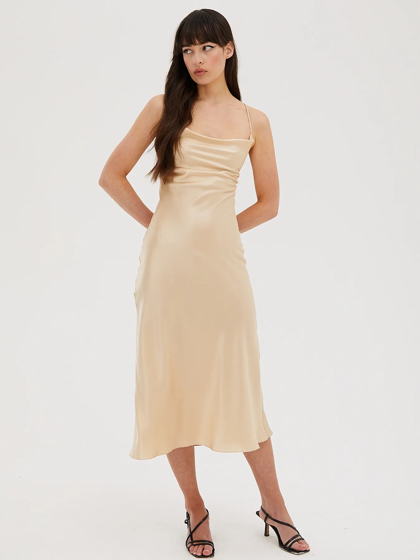 Cowl Neck Midi Silk Champagne Dress