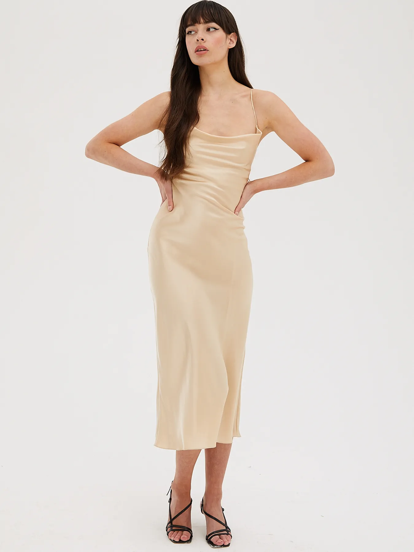 Cowl Neck Midi Silk Champagne Dress