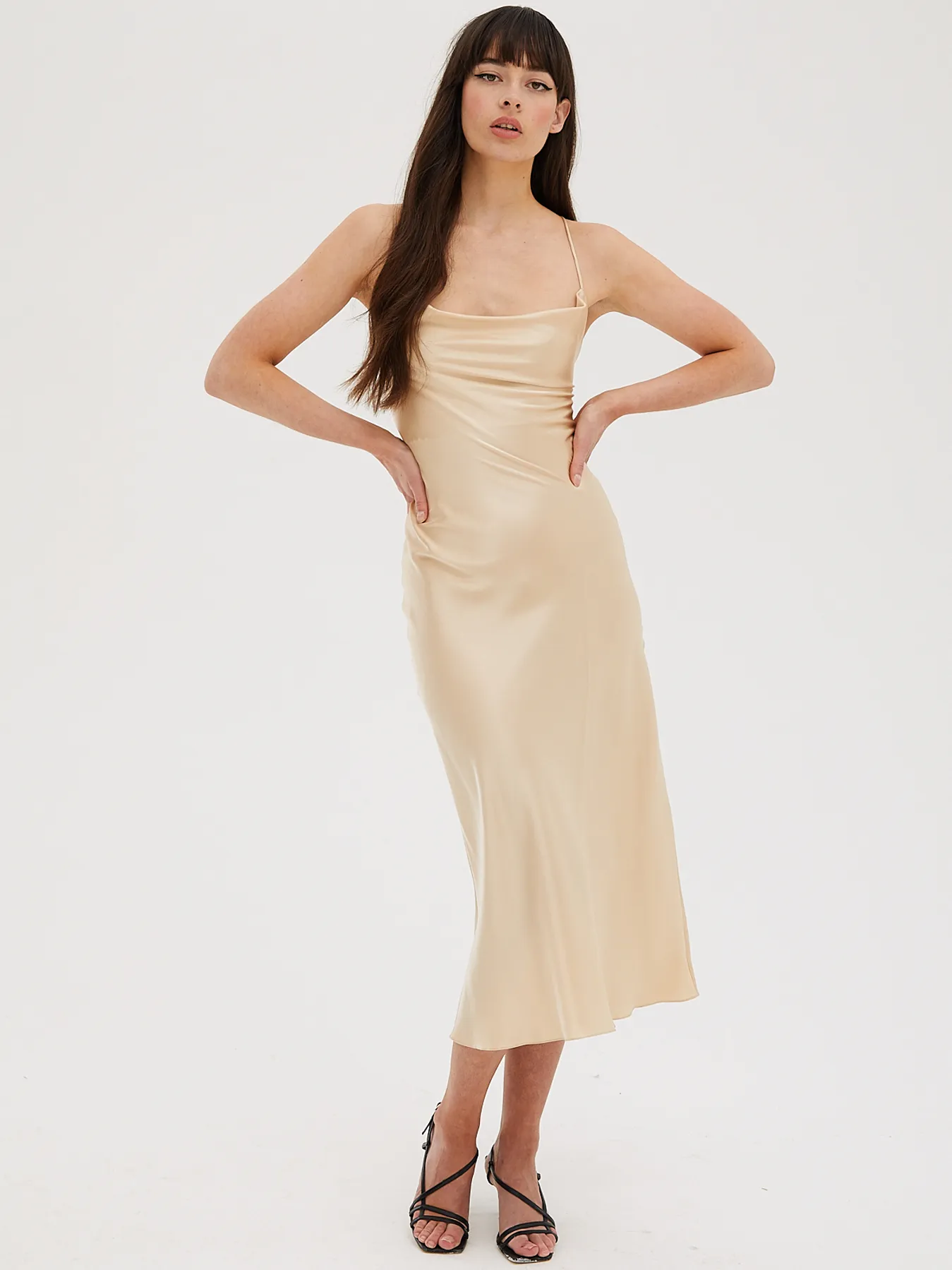 Cowl Neck Midi Silk Champagne Dress