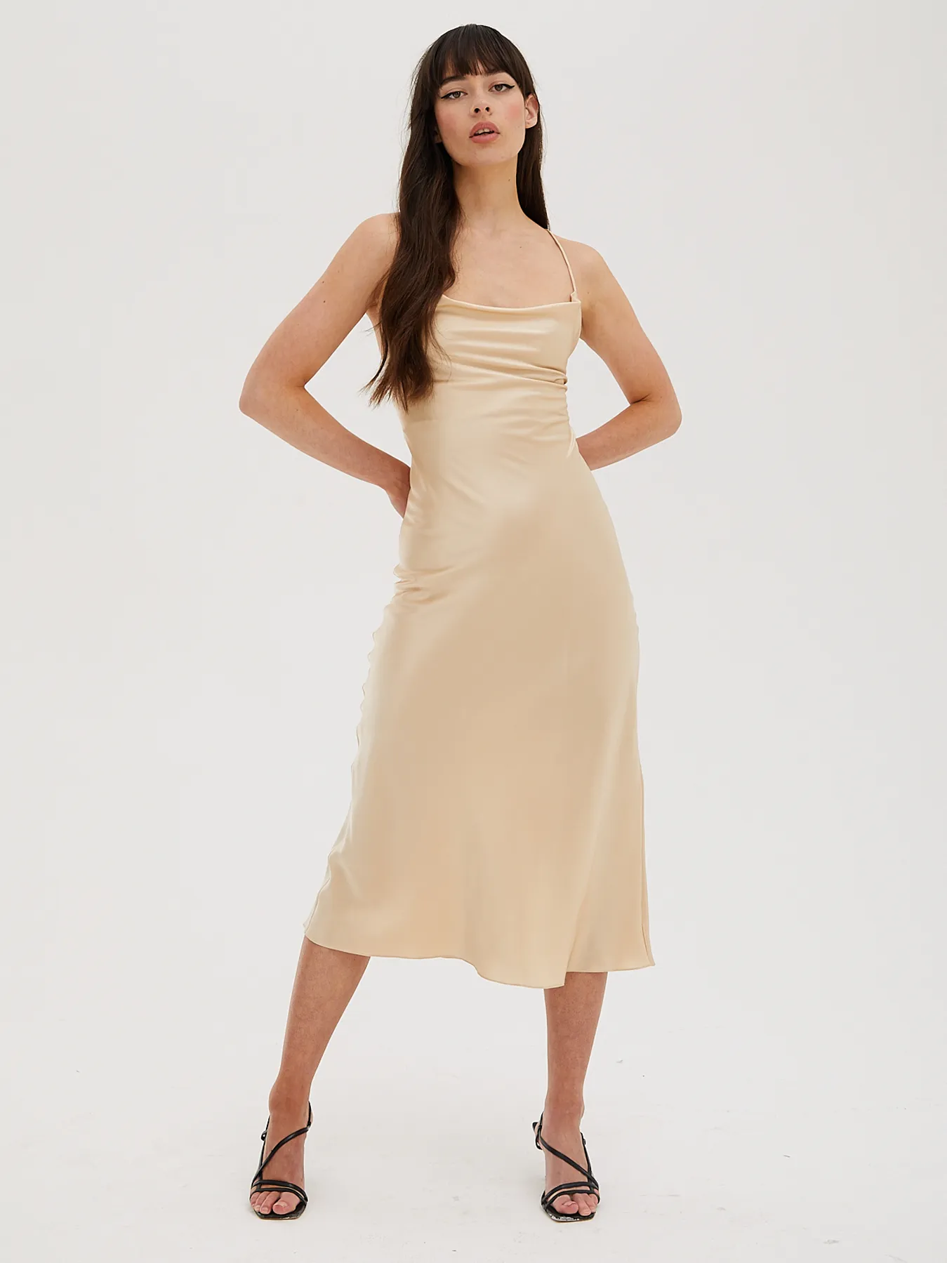 Cowl Neck Midi Silk Champagne Dress