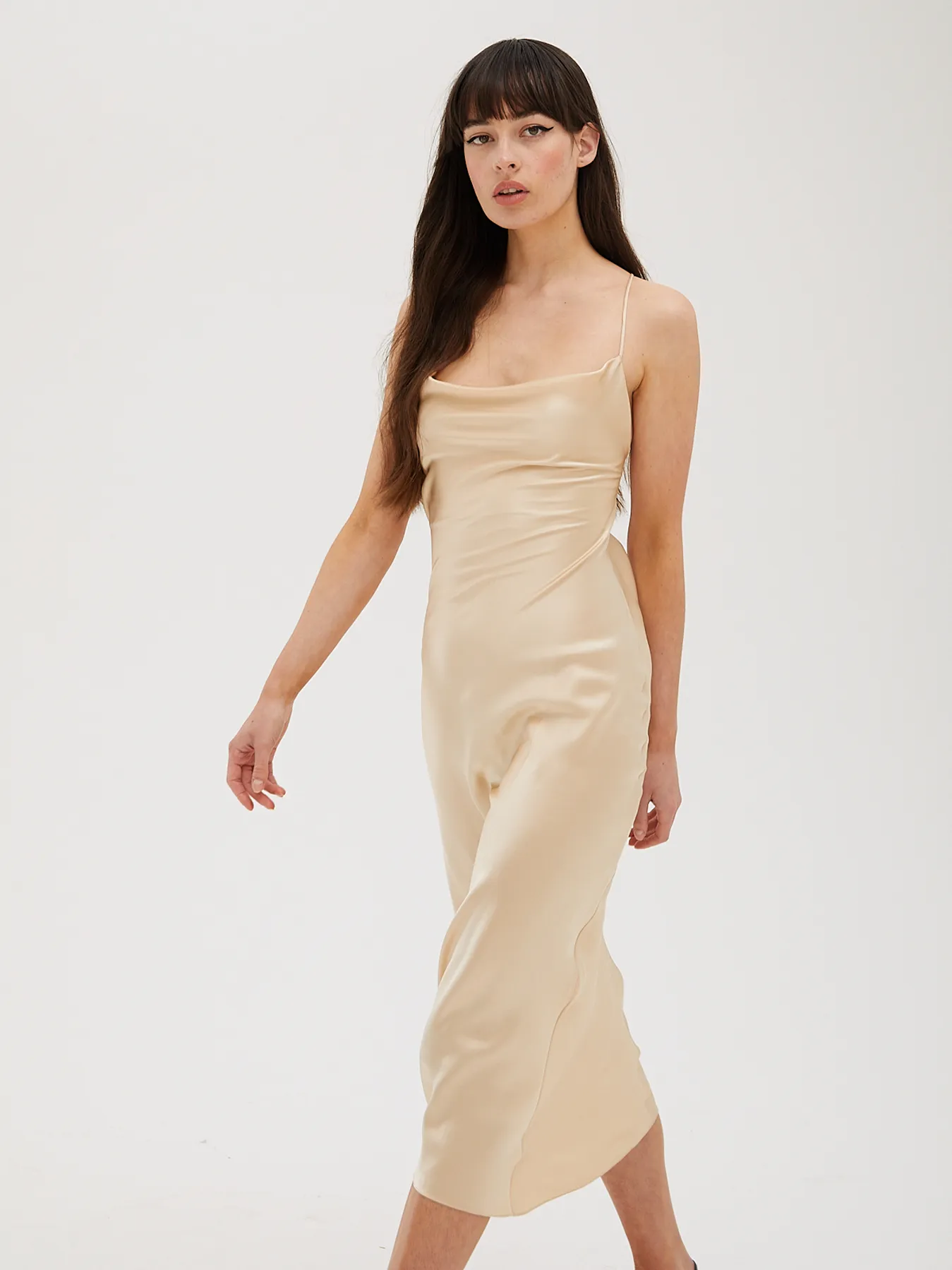 Cowl Neck Midi Silk Champagne Dress