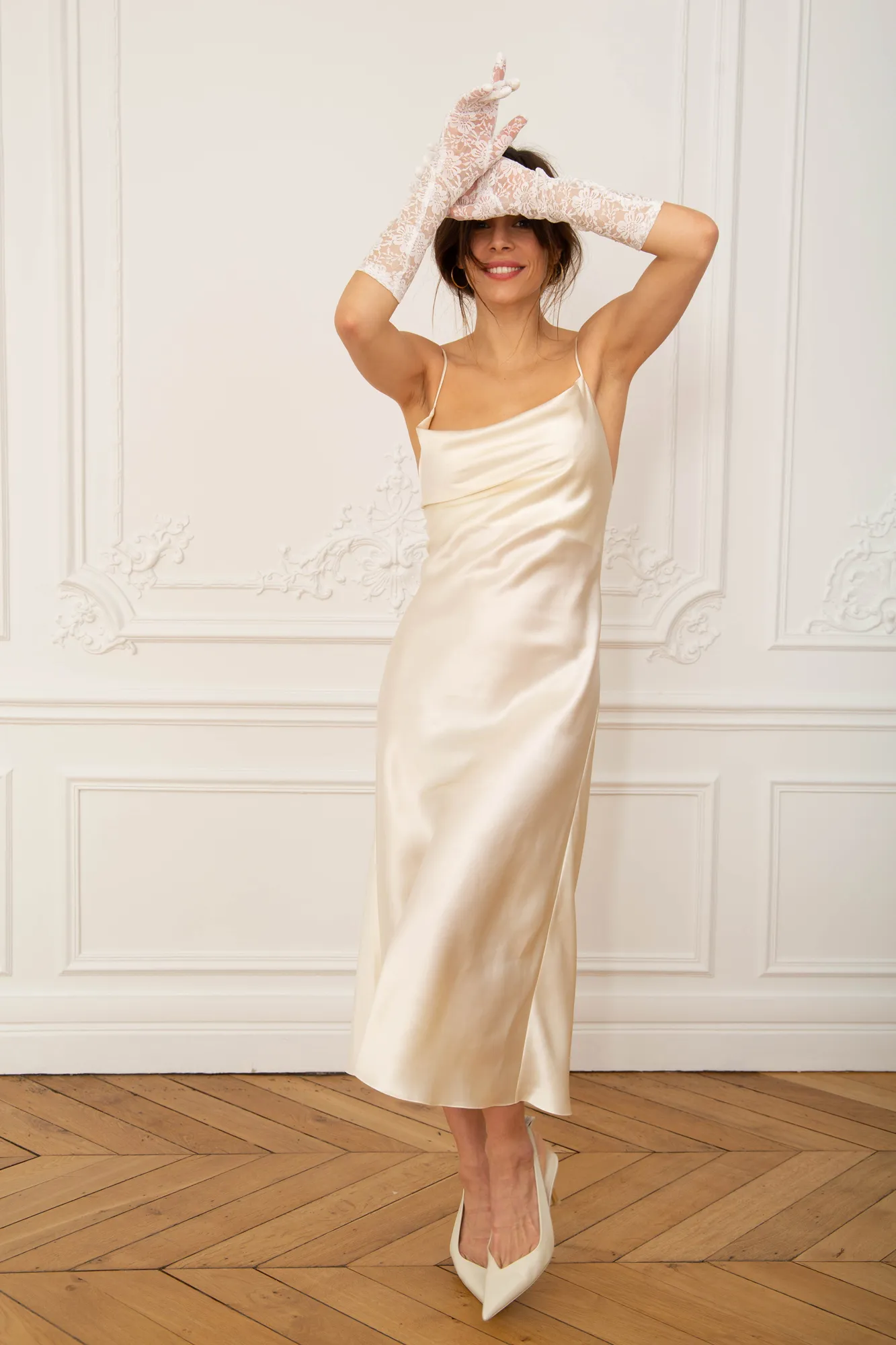 Cowl Neck Midi Silk Ivory Dress