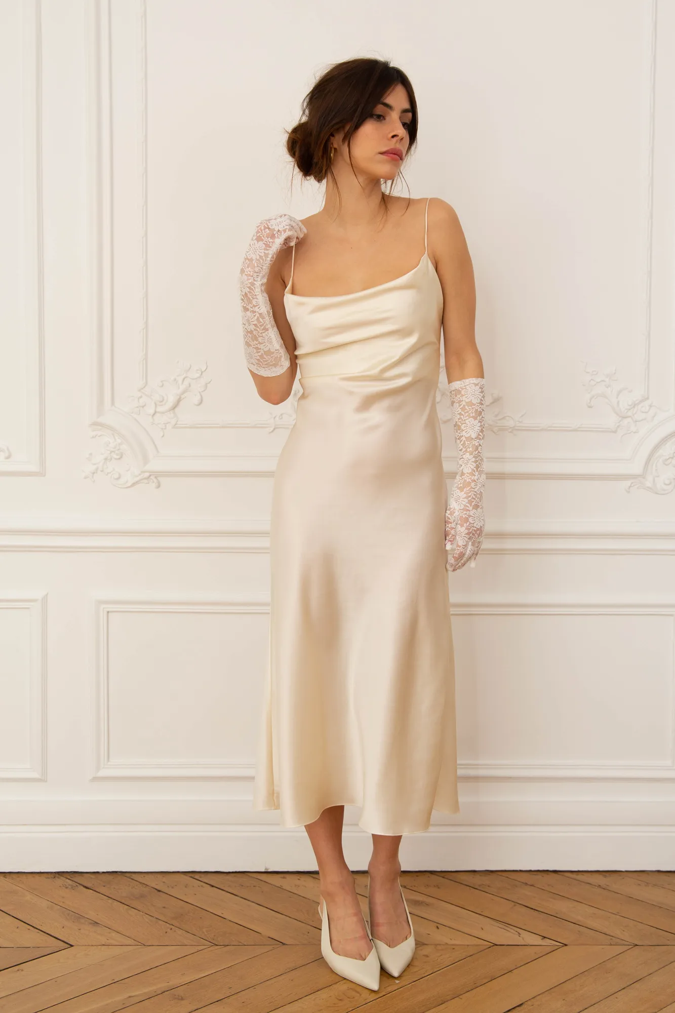 Cowl Neck Midi Silk Ivory Dress