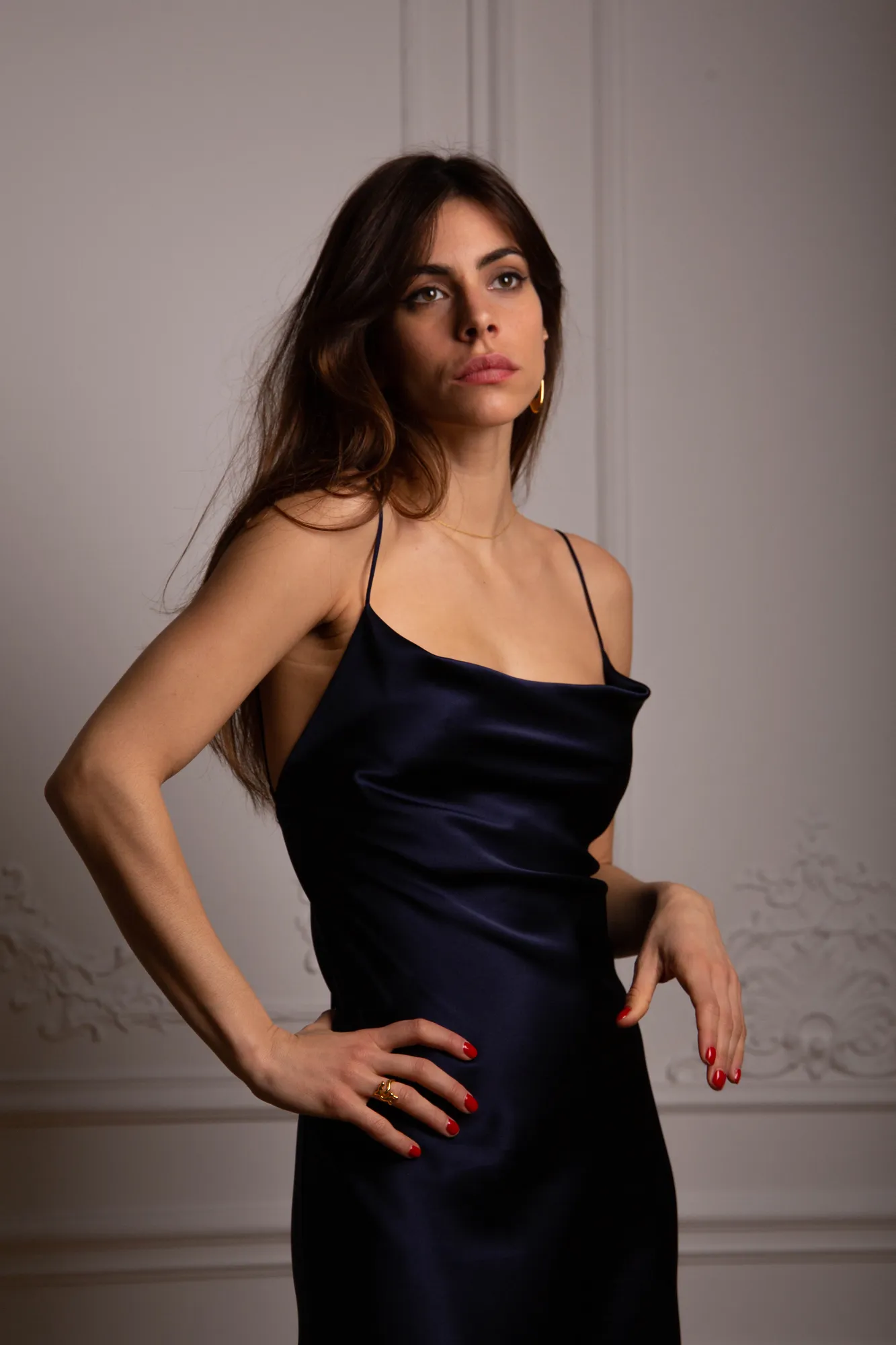 Cowl Neck Midi Silk Navy Dress