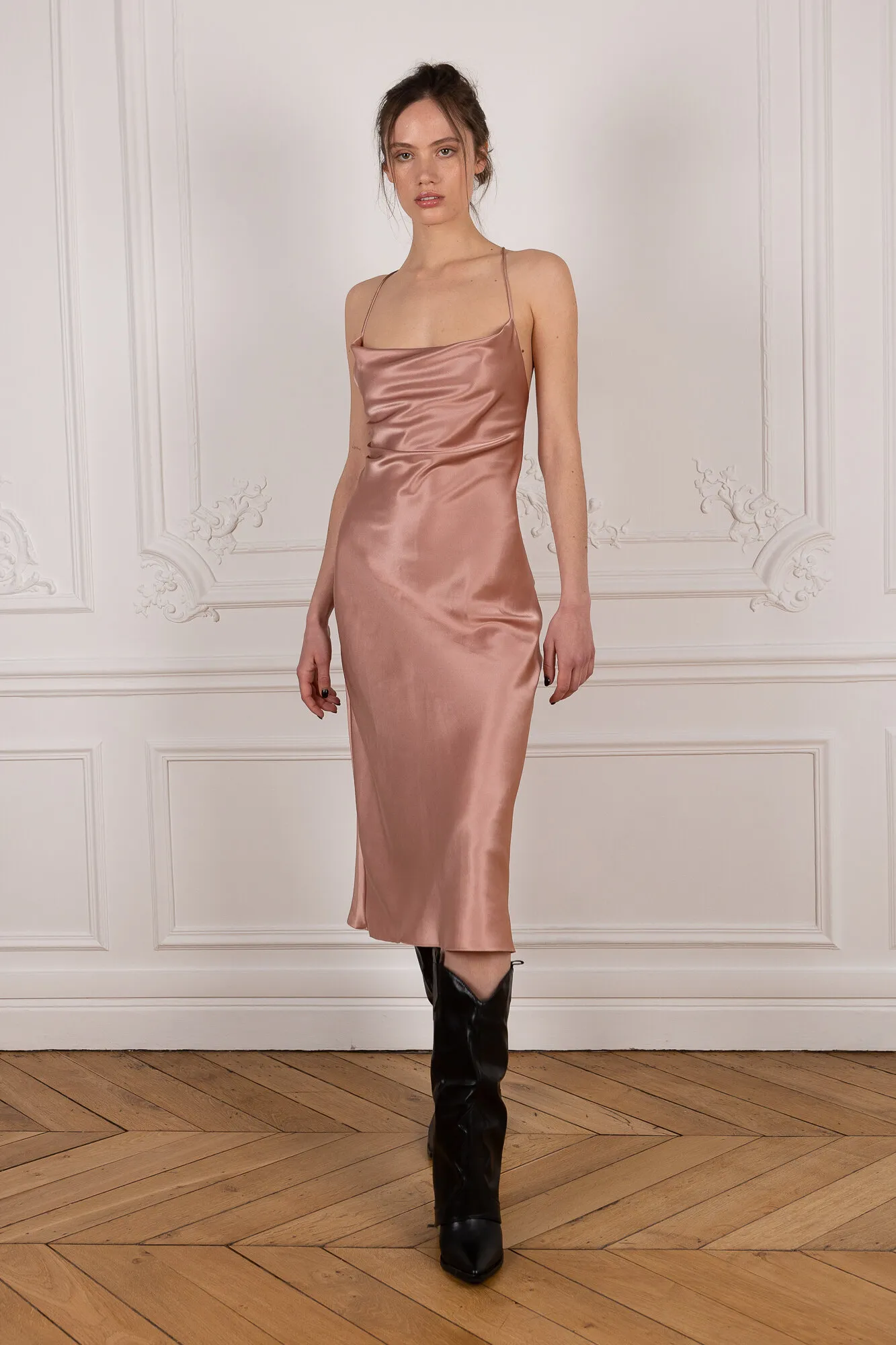 Cowl Neck Midi Silk Pink Dress