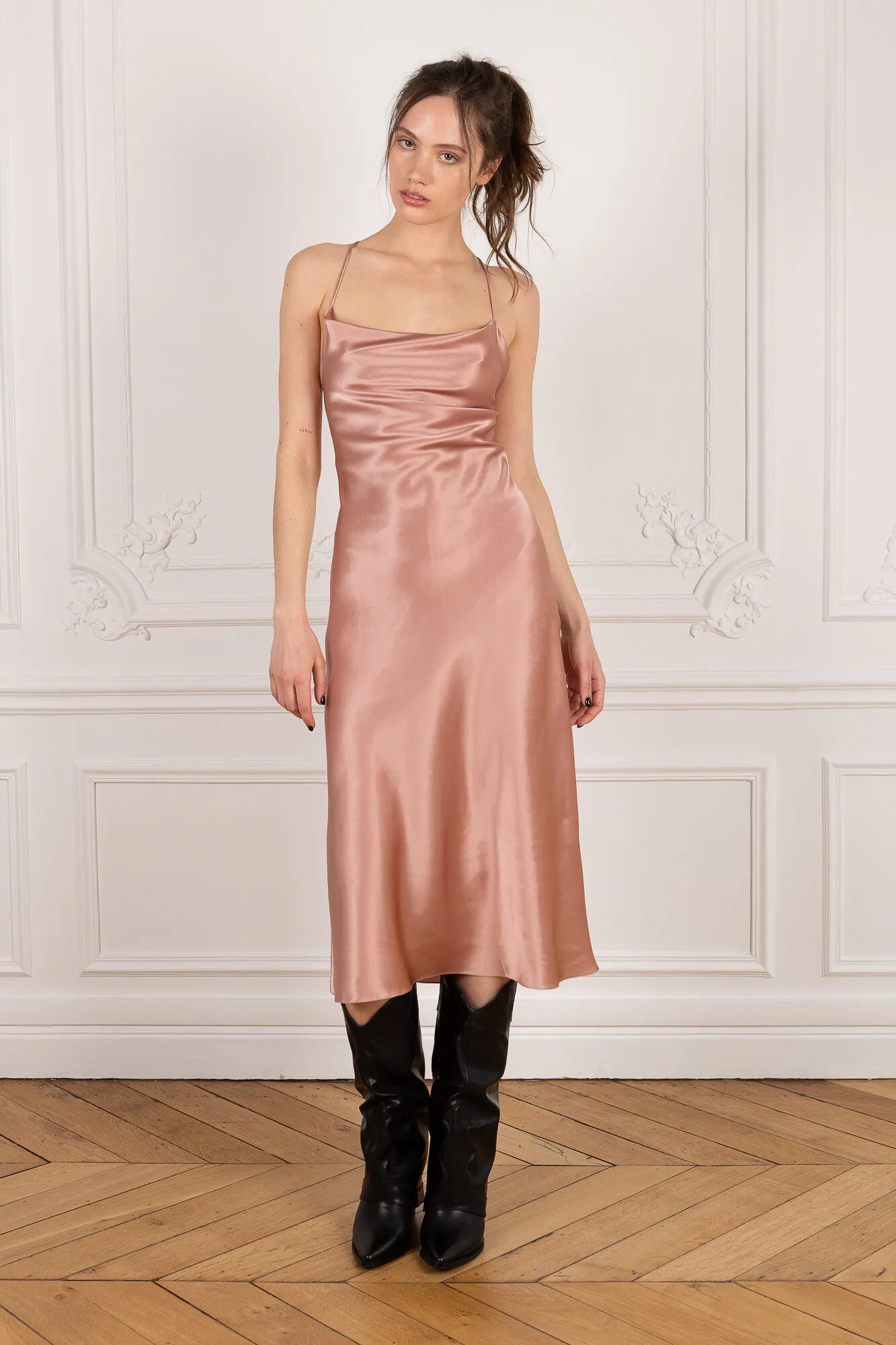 Cowl Neck Midi Silk Pink Dress