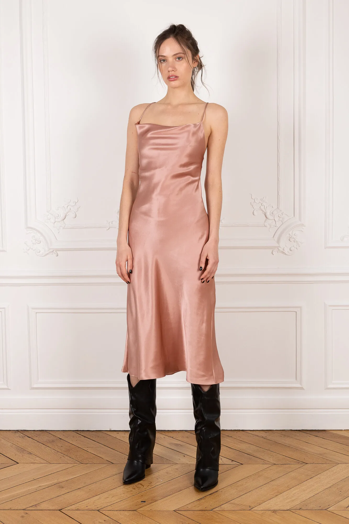 Cowl Neck Midi Silk Pink Dress